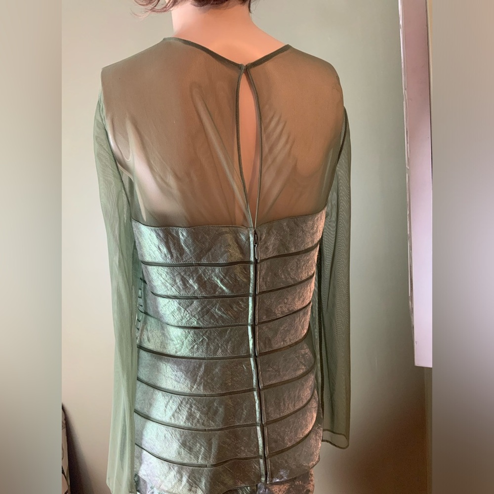 Adrianna Papell Green Sheer-Overlay Tiered Cocktail Mermaid Dress Set NWOT - Picture 6 of 11